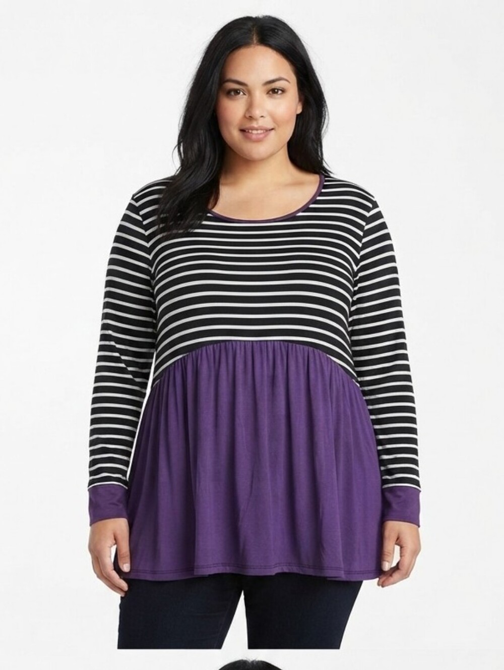 NWOT Heimish USA Black & White Striped Purple Babydoll Tunic Top